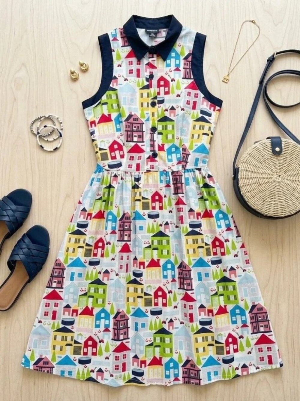 Retrolicious House Print Sleeveless Shirt Dress Large USA Cotton Novelty Village